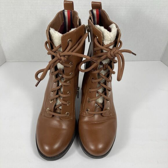 Chunky Brown Ankle Boots Tommy Hilfiger 7M Block Heel Booties LaceUp Grunge - Picture 9 of 14